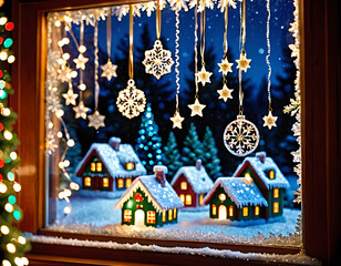 A glimpse of winter magic: a snowy village seen through a window