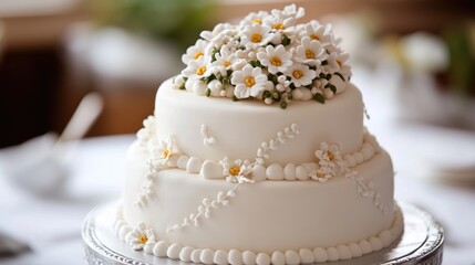 Fototapeta premium Elegant white wedding cake adorned with delicate floral decorations