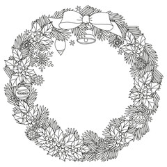 Coloring page for adults and children. Christmas wreath.