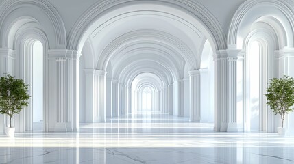 Elegant White Marble Hallway With Archways and Plants