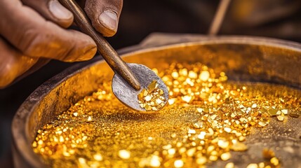 Close-Up of Hand Sorting Glittering Gold Nuggets in Bowl