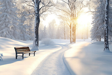 Park im Winter mit verschneiten Bäumen und Bank im Sonnenlicht