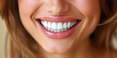 Fototapeta premium Close-up image of a smiling person with shiny, healthy teeth and lips, showcasing dental health and personal care, exuding positivity and joy through a bright expression