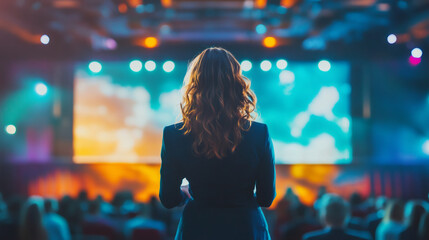 Businesswoman presenting a strategic plan to an engaged audience during a high-profile global business summit, highlighting key insights