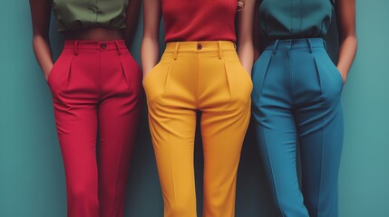 A colorful and vibrant display of fashion where three diverse individuals stand side by side, each wearing boldly colored pants set against a stylish backdrop