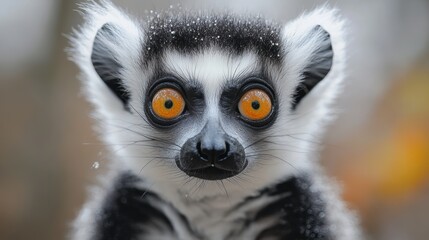 Close-up portrait of a ring-tailed lemur with striking orange eyes and detailed fur texture against a softly blurred natural background in Madagascar