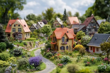 A vibrant miniature village with colorful houses and lush greenery along a winding path.