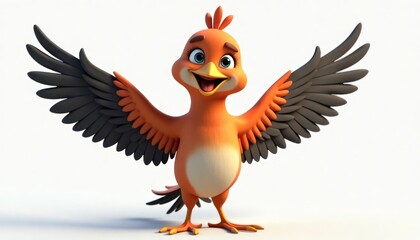 Obraz premium Cheerful cartoon bird with wide open wings. 3D bird is orange and black. Image has white background. Suitable for kids books or animated movies. Design is expressive and joyful.