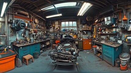 A cluttered automotive repair shop with engine