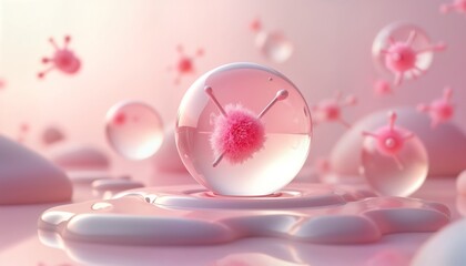Fototapeta premium Pink molecule in transparent bubble floats on soft pink background. Cosmetic concept. Illustration shows skincare solution. Modern design. Abstract aesthetic. 3D rendering. Suitable for health care,