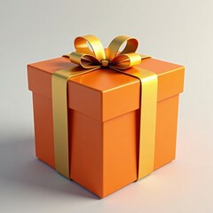 Orange gift box with golden ribbon and bow. Simple gift wrapping. Presents for special occasion or holiday. Celebration concept. Stylish gift. Ideal gift image for commercial use.