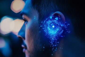 Close up of a man with a blue digital earpiece displaying futuristic data holograms