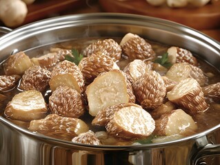 A pot filled with cooked morel mushrooms in a savory broth.