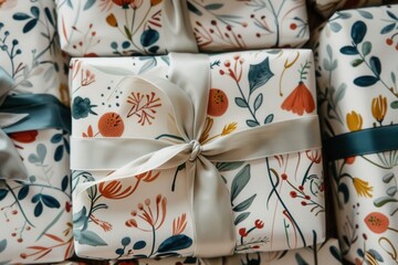 Colorful floral wrapped gifts with satin ribbons decorate a festive setting during a celebration