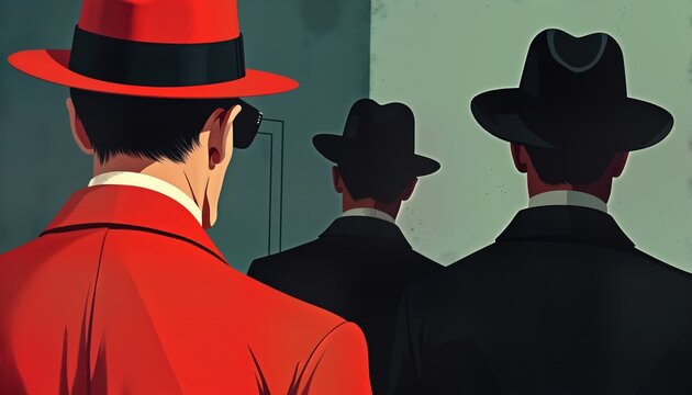 Mysterious retro illustration of three men in suits, hats. One man wears red suit. Stand in line, backs to viewer, in dimly lit interior space. Retro style suggests spy gangster theme. Setting evokes