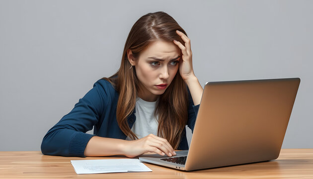 Shocked young laptop user girl sitting at table with laptop, touching head, staring at display, reading message with bad surprising news, suffering from headache, feeling depressed, tired isolated w - Powered by Adobe