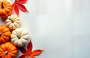 Obraz premium Fall scene featuring decorative pumpkins, vibrant fall leaves. Autumnal decor arranged on light surface. Festive autumnal background ideal for thanksgiving halloween. Rustic style, simple composition