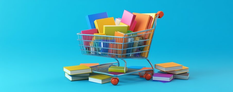 Books and study materials in virtual cart, educational shopping online, illustration
