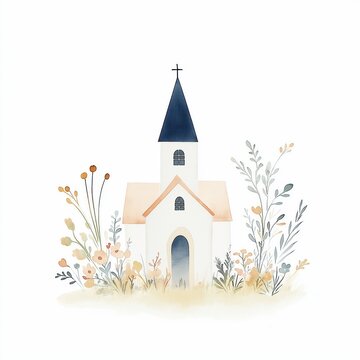 recommend clip art: Small quaint church with tower, flowers. Simple watercolor illustration. Cute little building surrounded by plants. Peaceful, quiet scene. Beautiful colors. Suitable for kids religious decor.