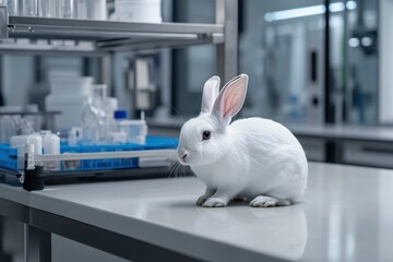 White Rabbit in Laboratory Setting with Equipment, Calm Atmosphere, Science Experiment Preparation, Clean Workspace, Animal Research Concepts, Animal Welfare Considerations