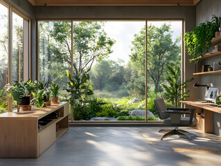sustainability: A nature-inspired workspace with plants, natural wooden furniture