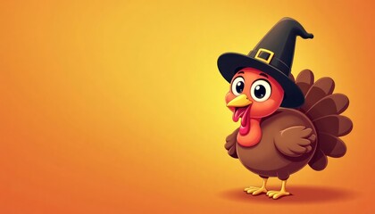 Adorable cartoon turkey wears festive hat. Cute bird stands on vibrant orange gradient background. Perfect for Thanksgiving poster. Celebrates gratitude, festive gatherings. Image suitable for