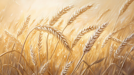 A close up shot of wheat stalks swaying gently in the breeze, with the sun glinting off the golden grains, evoking a sense of serenity and abundance. Serenity. Illustration