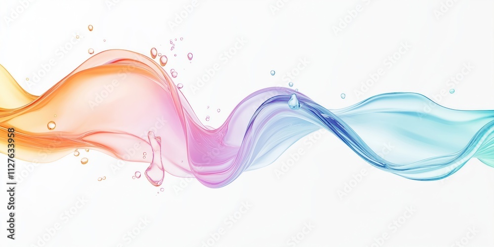 Poster Abstract illustration of flowing rainbow liquid. Transparent slime drops display smooth slow movement. Layered liquid effect appears against white background. Colorful liquid forms abstract shapes.