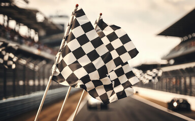 Racing flags wave at the finish line as cars speed by during an exciting motorsport event