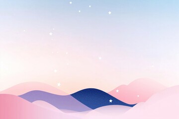 Abstract landscape with soft pink, purple hills. Stars decorate pale blue sky. Dreamy, calming colors create peaceful scene. Perfect for websites presentations. Illustration style evokes feeling of