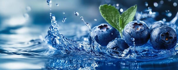 Blueberry juice splash with floating berries, vivid blue banner for antioxidantrich juice