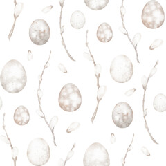 Watercolor Easter pattern illustration. Hand-drawn design with pastel flowers, willow branches, and festive eggs. Seamless template for spring-themed wallpapers or wrapping paper.
