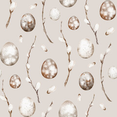 Watercolor Easter pattern illustration. Hand-drawn design with pastel flowers, willow branches, and festive eggs. Seamless template for spring-themed wallpapers or wrapping paper.