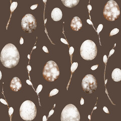 Watercolor Easter pattern illustration. Hand-drawn design with pastel flowers, willow branches, and festive eggs. Seamless template for spring-themed wallpapers or wrapping paper.
