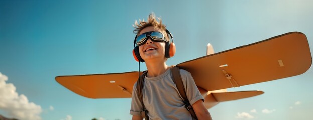 Joyful child imagines as pilot with homemade cardboard airplane wings. Creative kid plays in sky. Imagination, fun evident. Outdoor play scene. Clear blue sky background. Child wears pilot goggles,