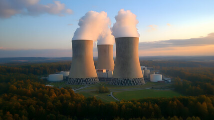 Aerial View, Three Cooling Towers Emit Steam at Sunset, Industrial Power Plant Landscape, Autumnal Forest