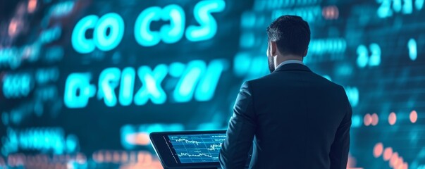 Businessman comparing Cost and Risk on a hightech screen, credit rating in the background, futuristic appeal