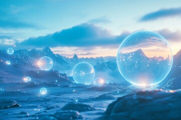 Futuristic abstract landscape featuring luminous spheres and orbs for tech enthusiasts