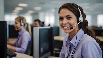Working in a vibrant purple office, a brunette woman in a violet outfit communicates effectively with clients using her headset in a call center.