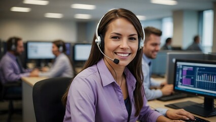 A young brunette agent in violet, wearing a headset, manages customer inquiries in a bustling purple call center office.
