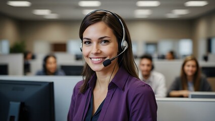 Dressed in professional violet attire, a smiling brunette woman assists customers with confidence in a purple workspace.