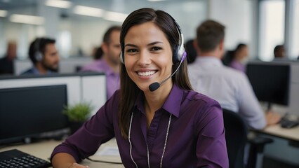 Smiling warmly, a brunette operator in violet focuses on resolving customer issues in a lively purple office setting.