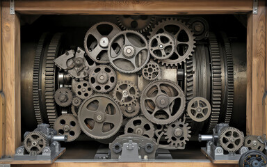 Intricate arrangement of machine gears in a vintage mechanical assembly housed in a wooden display