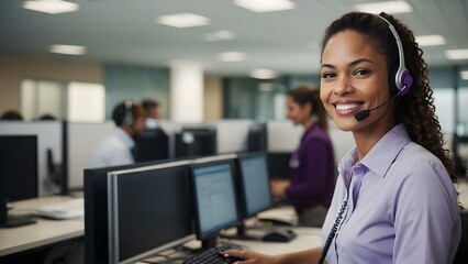 Smiling and wearing violet, a curly hair black skin woman call center specialist ensures smooth communication with customers in a dynamic purple environment.