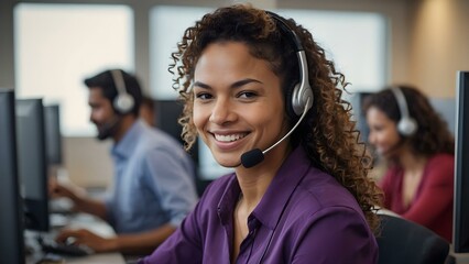 Smiling brightly, a curly hair woman in a violet dress manages client support as a call center representative in an energetic purple office.