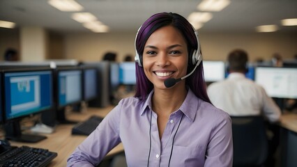 A violet hair woman wearing a headset and blue attire focuses on customer service in a bustling purple office setting. Black skin female employee