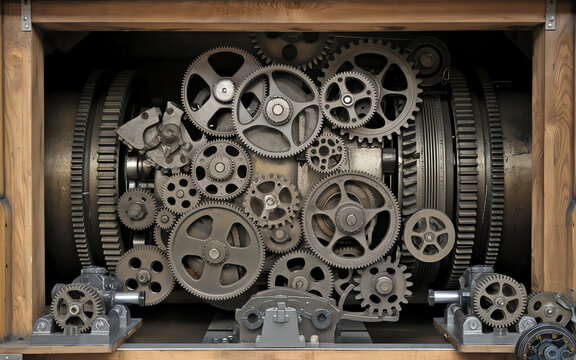 Intricate arrangement of machine gears in a vintage mechanical assembly housed in a wooden display