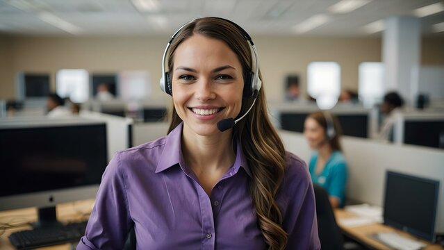 A cheerful brunette woman, clad in violet, works as a call center agent, helping clients in a vibrant purple office.