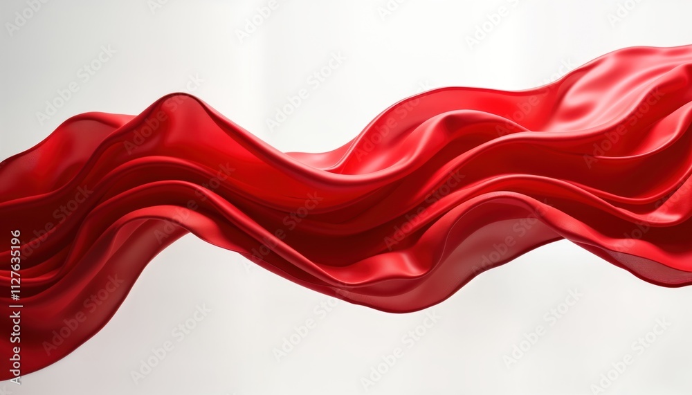 Aufkleber Red silk fabric drapes in dynamic waves. Elegant, luxurious material flows freely. Smooth, glossy texture shows movement. Suitable for fashion design textile illustrations. Luxurious fabric creation.