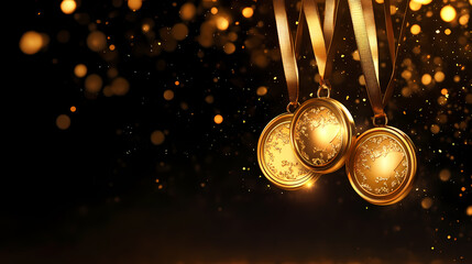 Png transparent background, glowing gold medals and triumphant success png. Gilded. Illustration